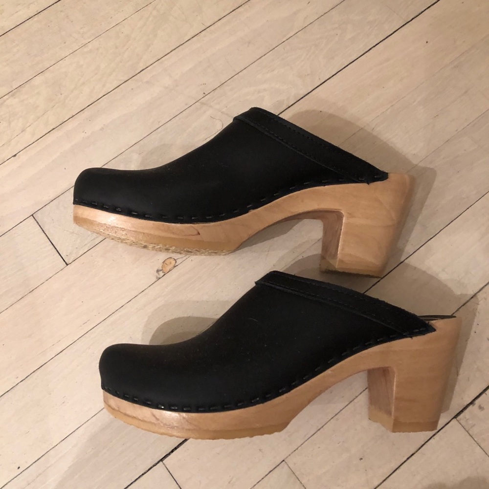 Black leather No 6 clogs